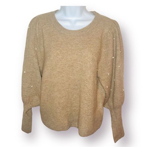 CeCe Tan Crew Neck Pearl Knit Embellished Sweater Long Balloon Sleeves S - Picture 1 of 9